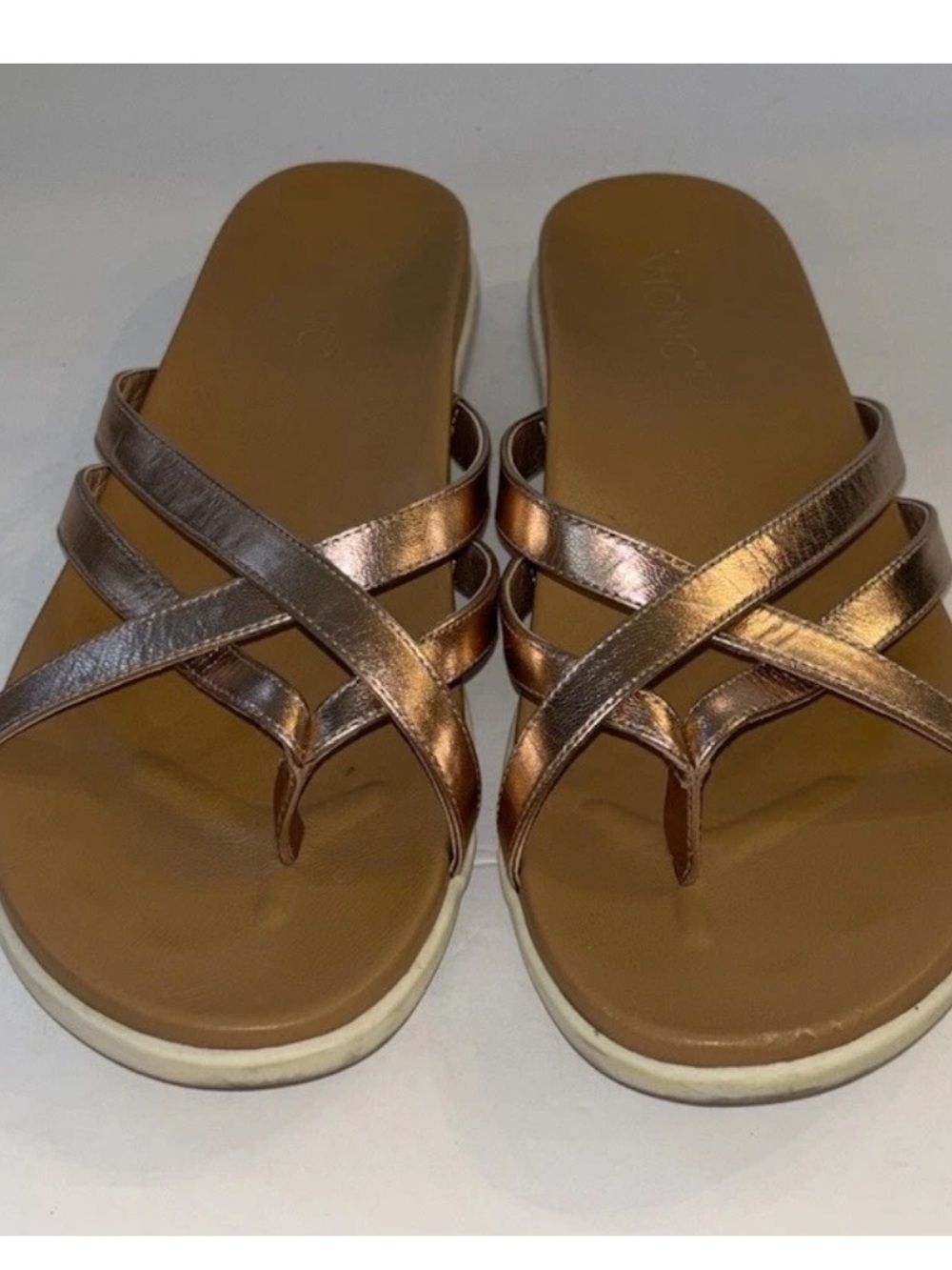 Vionic Palm Daisy Metallic Slide Sandal Womens Sz 10 Rose Gold Slip On Flip Flop